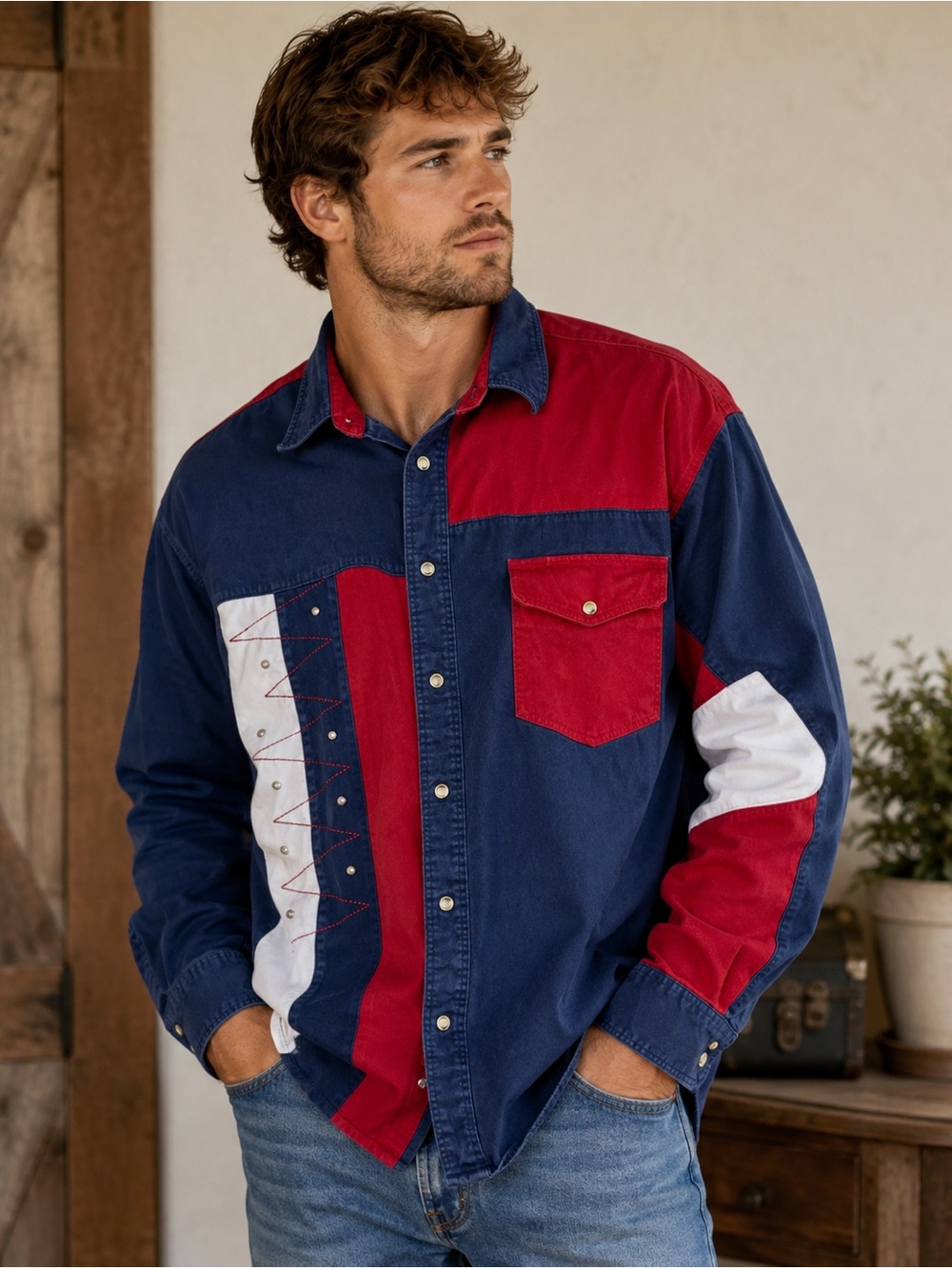 Wrangler Colorblock Western Snap Shirt - Red, Navy & White 2XL
